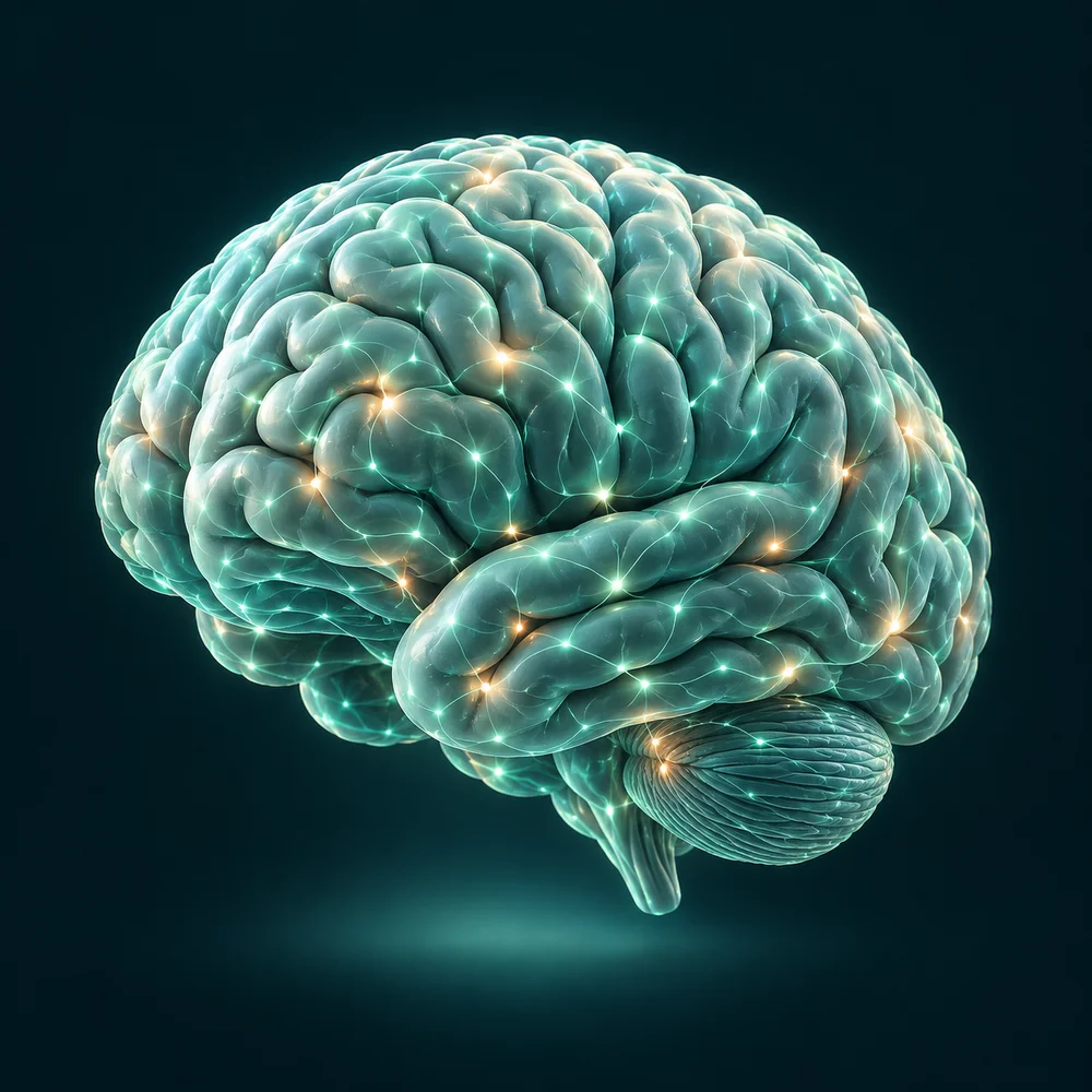 Three-dimensional medical brain with illuminated neural connections, illustrating artificial intelligence