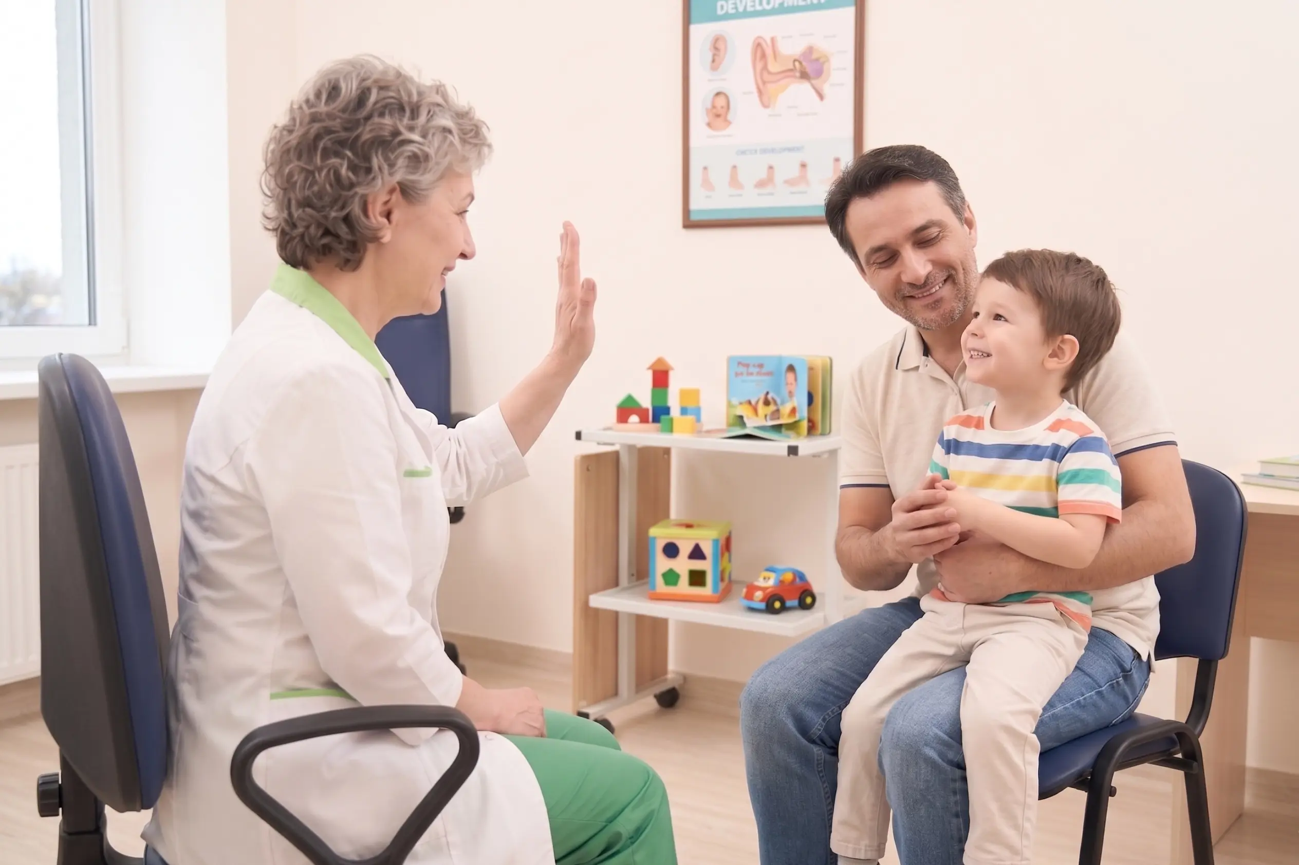 Bambino felice durante la visita audiometrica