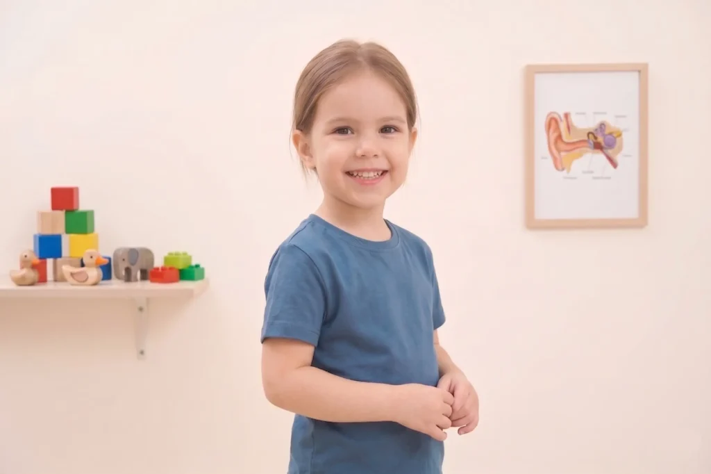 Bambino durante l'audiometria infantile, trasformata in gioco